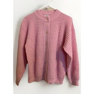 Vintage Alicia Cable Knit Sweater Grandmacore Button Up Baby Pink Medium